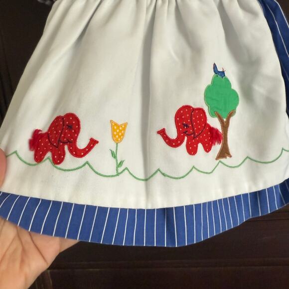 80s Vintage BABY TOGS | Blue Striped PInafore Style Dress Elephants 18 months - Picture 3 of 6
